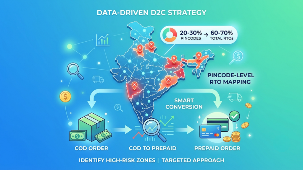 Map-based infographic illustrating pincode-level COD risk scoring and geographic patterns in ecommerce delivery and return rates.