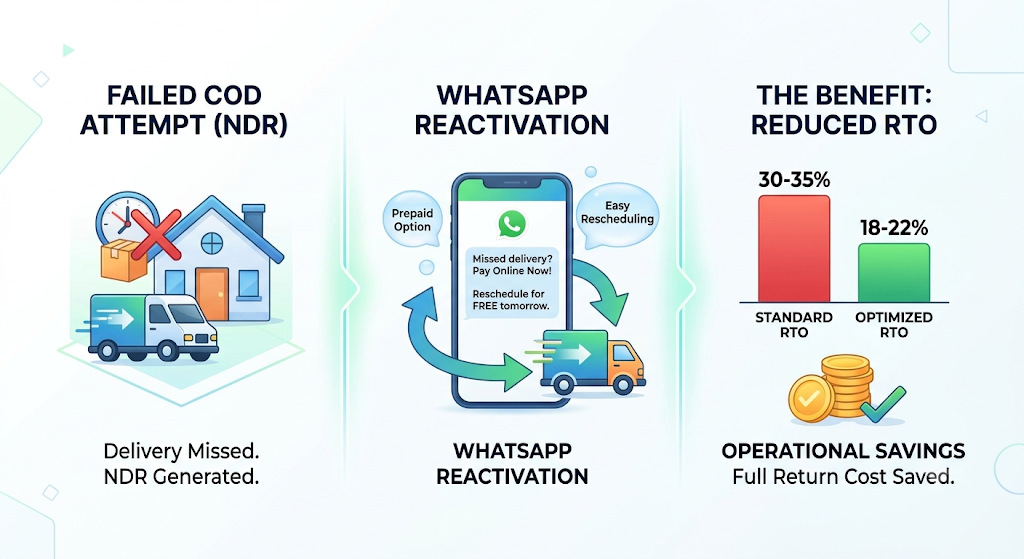 Infographic showing a timed COD-to-prepaid conversion sequence, with an initial post-order nudge followed by a pre-dispatch reminder.