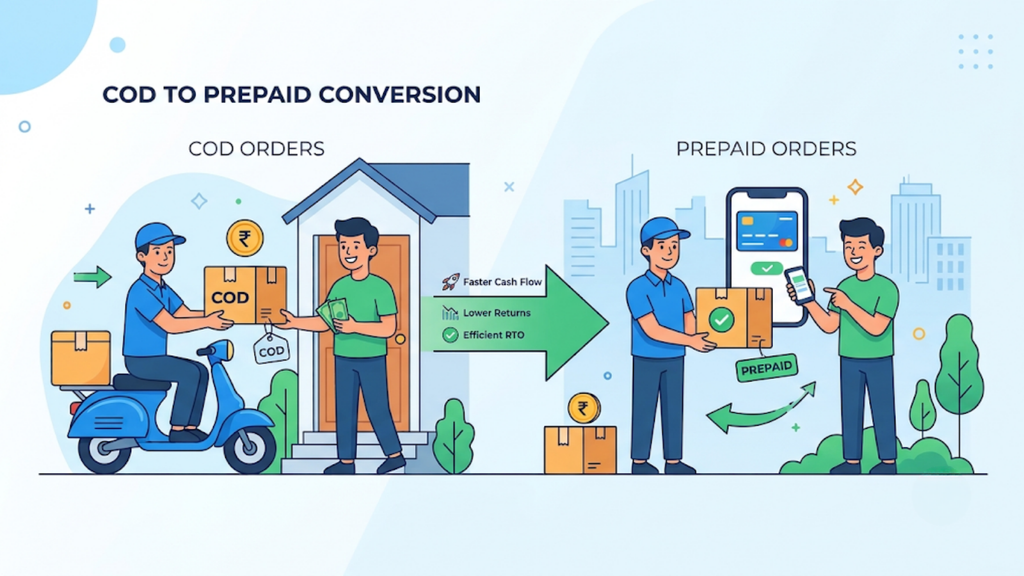 Illustration comparing COD and prepaid order flows, showing how buyer payment choices affect ecommerce fulfilment. 