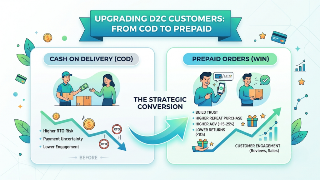 Infographic showing how D2C brands can encourage repeat customers to switch from COD to prepaid through incentives, faster delivery, and loyalty benefits.