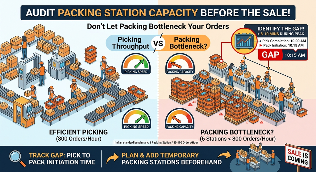 Warehouse packing station capacity audit comparing picking throughput with packing bottlenecks