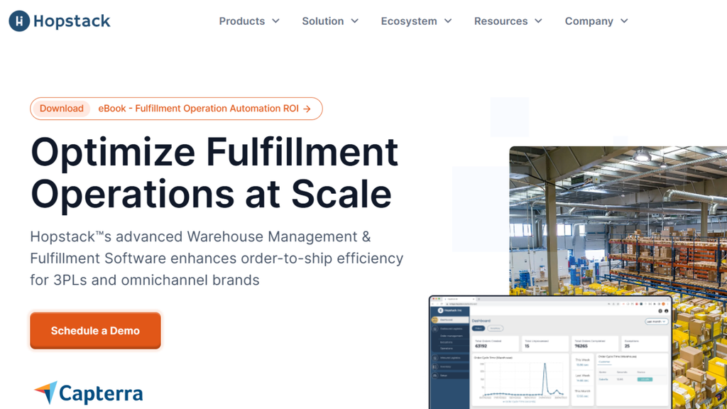 Hopstack warehouse automation platform showing fulfilment operations, workflow configuration, warehouse visibility, and operational analytics