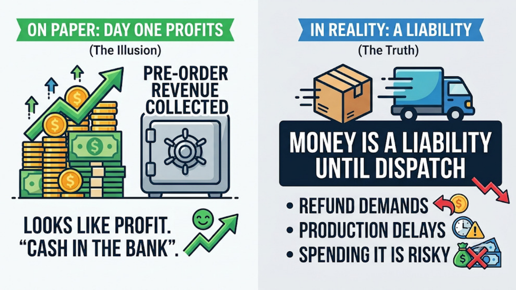 Pre-order cash flow comparison showing collected revenue appearing profitable while remaining a liability until products are dispatched