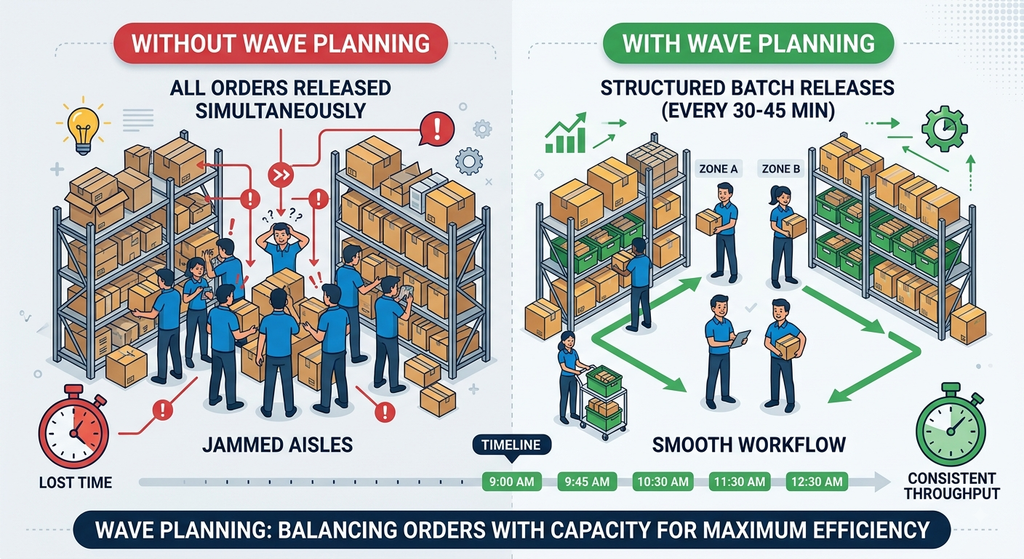 Wave planning comparison showing simultaneous order release versus structured batch picking