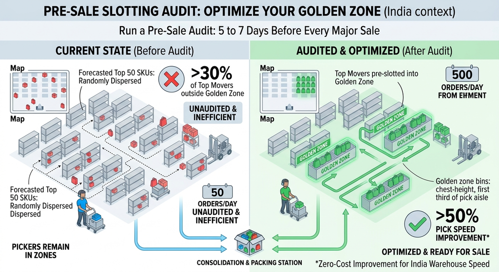 Pre-sale slotting audit showing fast-moving SKUs moved to optimized golden zone locations.