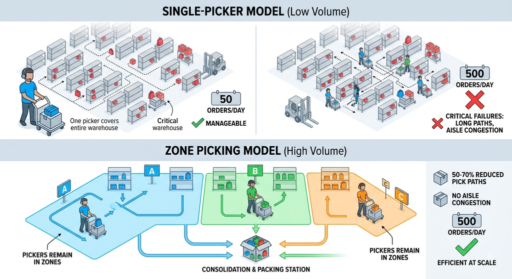 Comparison of single-picker and zone-picking models for improving warehouse order fulfillment