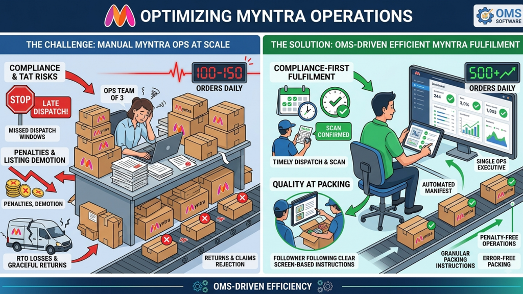 Mynta operations infographic comparing manual fulfillment challenges with OMS-driven automated workflows