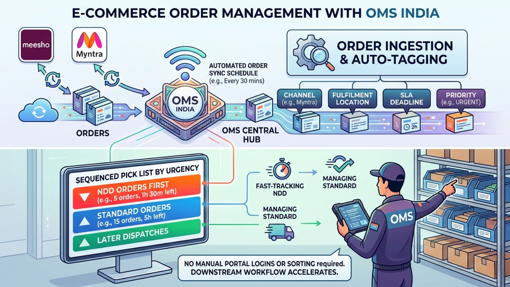 Ecommerce order management workflow connecting Meesho, Myntra, marketplaces, OMS, warehouses, and fulfillment