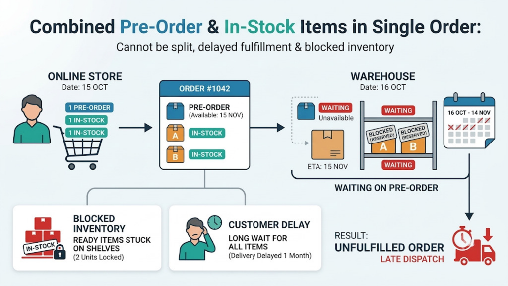 Mixed-cart order workflow showing pre-order and in-stock items combined in one order, delaying ready-to-ship products