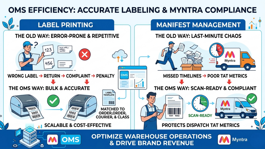 Myntra labeling and manifest management workflow showing accurate, scan-ready shipment processing