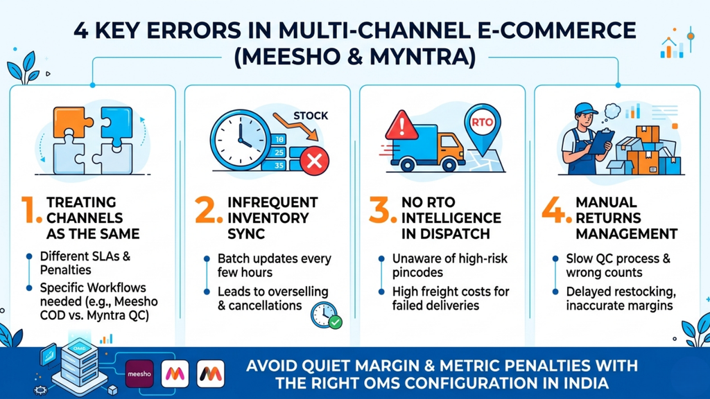 Four key errors in multi-channel ecommerce operations, including inventory sync, dispatch, and returns