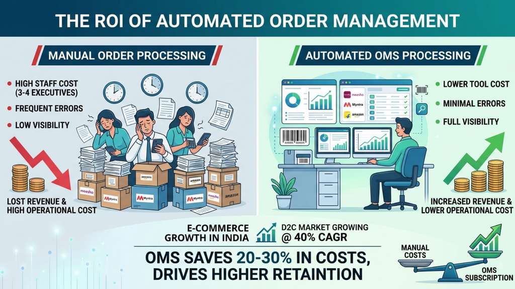 Comparison of manual order processing with automated OMS workflows and their impact on ecommerce growth