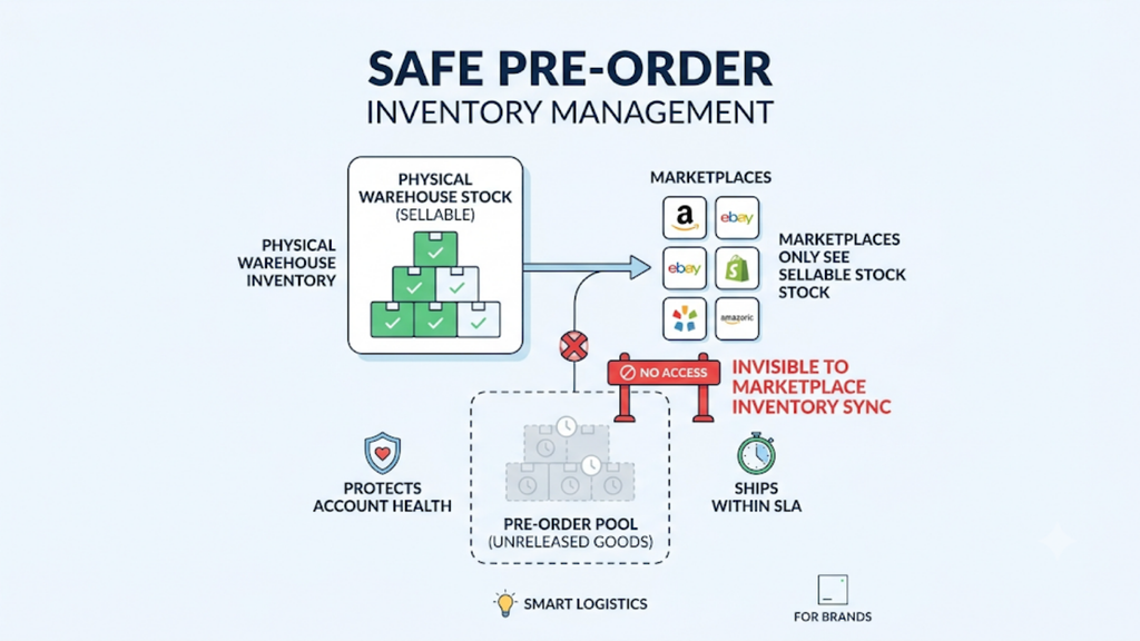 Dedicated pre-order SKU and inventory pool showing physical stock and promised stock managed separately within an inventory system