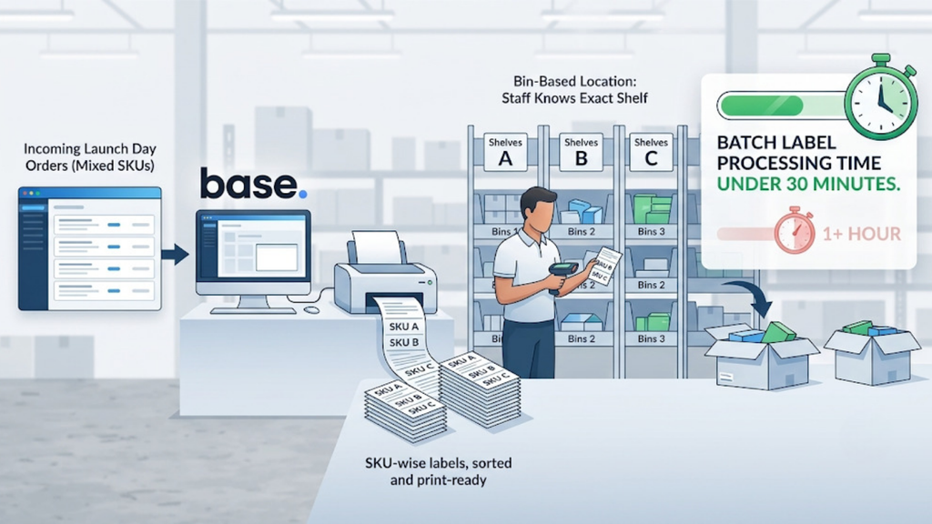 Base.com production and inventory workflow connecting purchase orders, goods inward, raw and packing materials, finished goods, and pre-orders