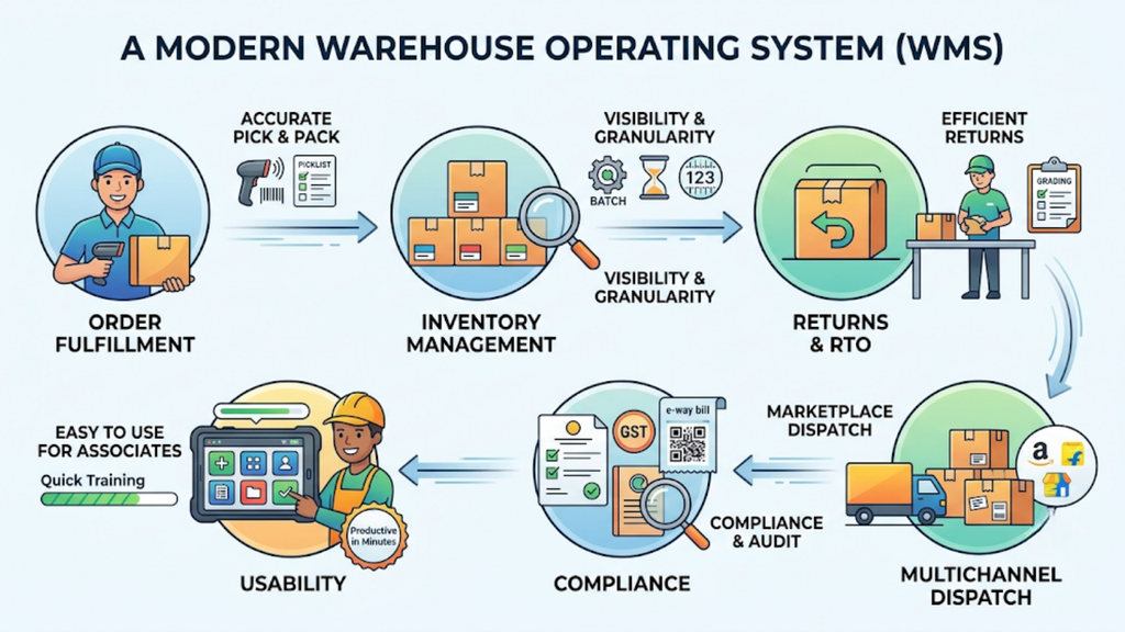 Modern warehouse management system showing order fulfilment, inventory management, returns and RTO, marketplace dispatch, compliance, and usability