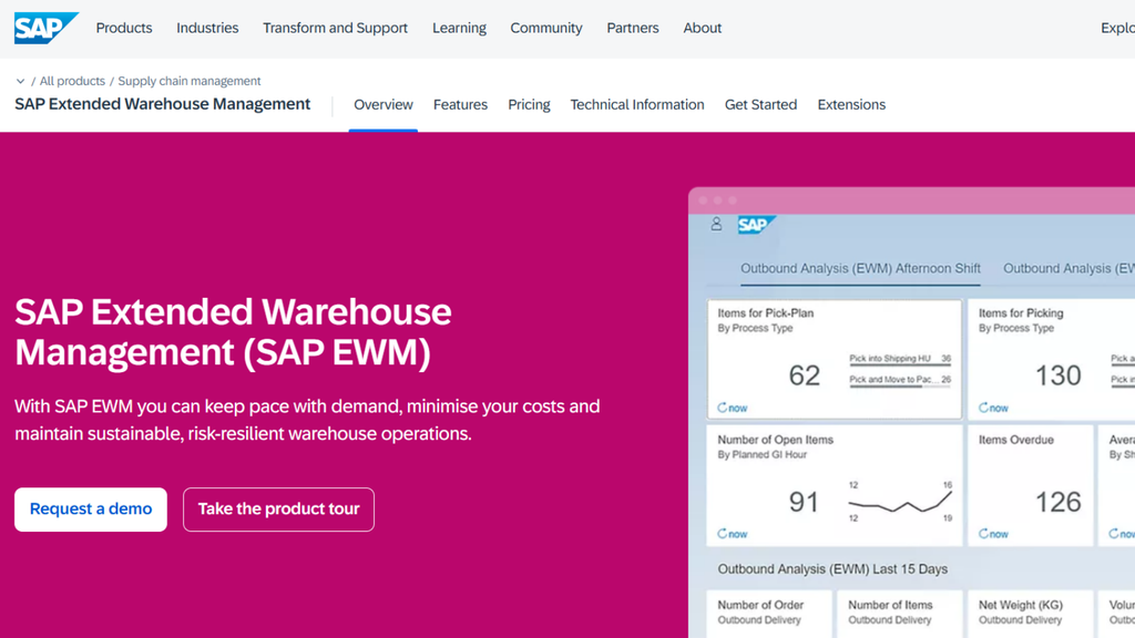 SAP Extended Warehouse Management platform showing enterprise warehouse operations, multi-site inventory, and deep system customisation