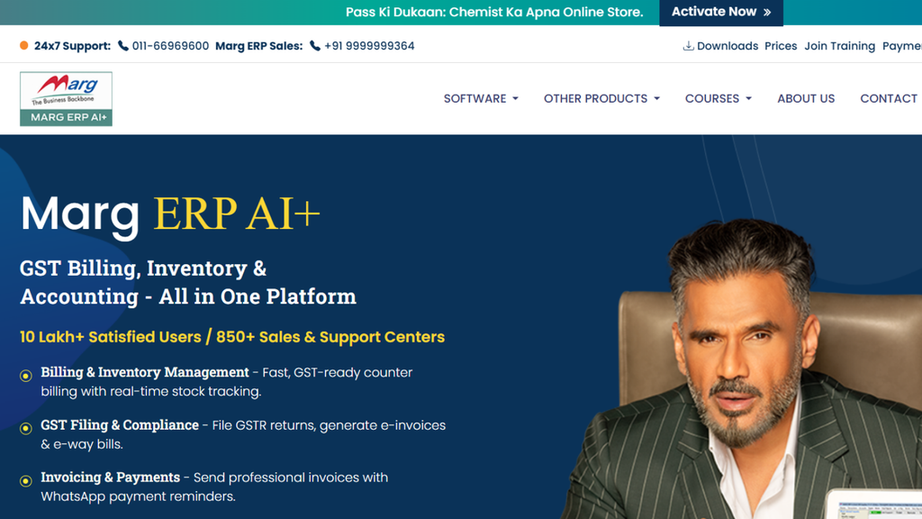 Marg ERP platform showing GST billing, inventory, accounting, and multi-godown management for distributors and resellers