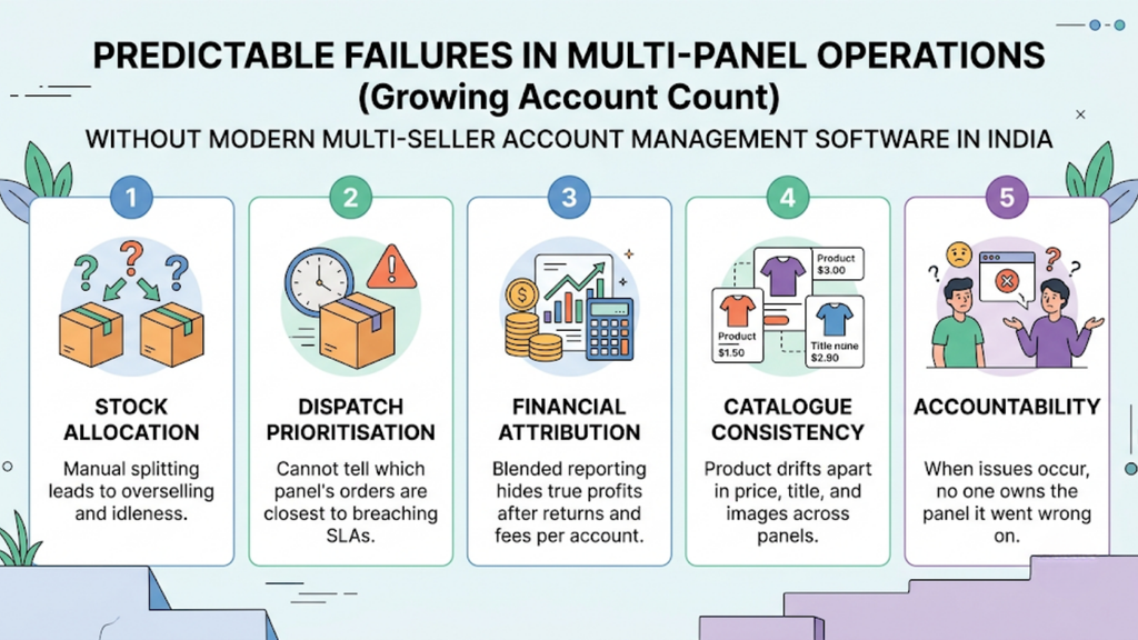 Multi-panel operations failure infographic showing stock allocation, dispatch prioritisation, financial attribution, catalogue consistency, and accountability problems