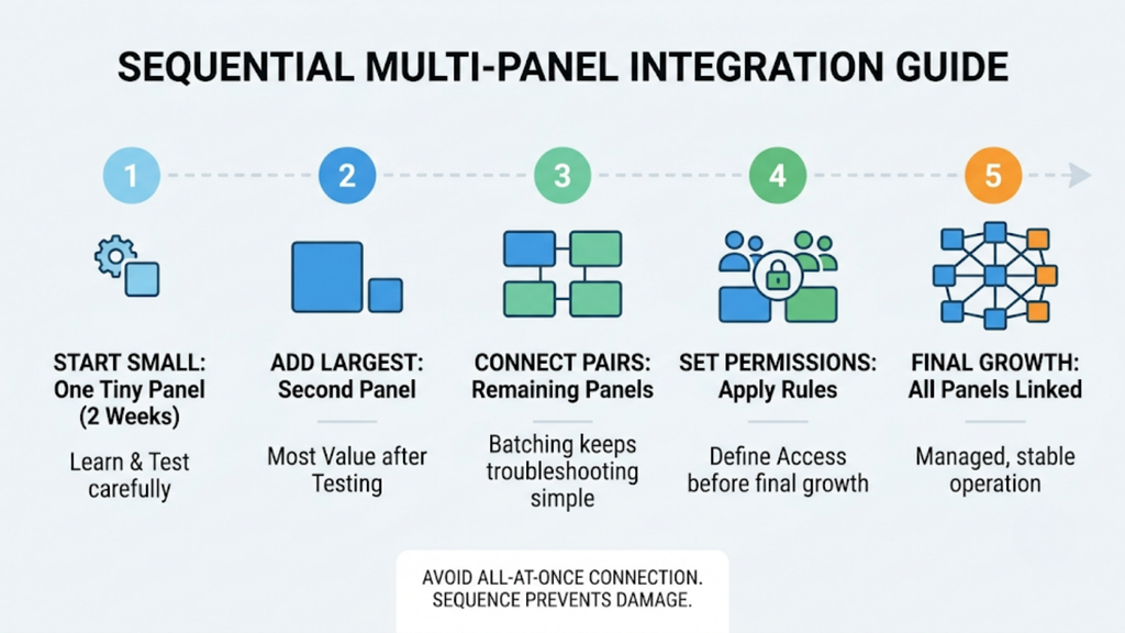 Sequential multi-panel integration guide showing staged account connections, testing, permissions, and controlled rollout of seller panels