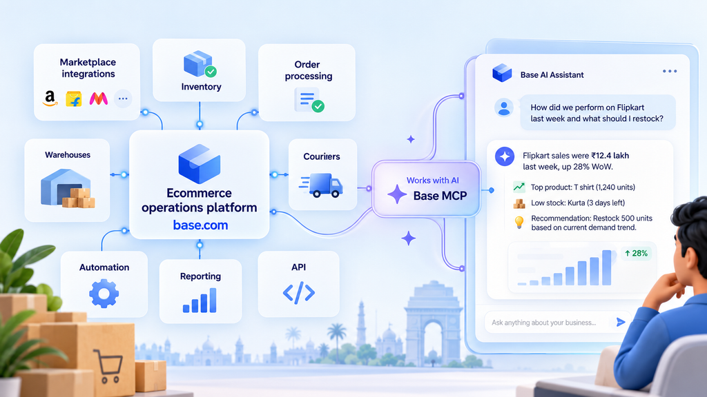 Base MCP connecting ecommerce operations data, including marketplaces, inventory, orders, warehouses, couriers, automation, reporting and APIs, with an AI assistant.