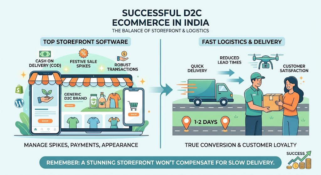 D2C ecommerce software stack showing ten essential layers including storefront, payments, shipping, accounting, support, order management, returns, warehouse, CRM, and analytics