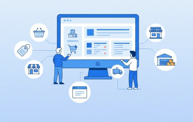 Tableau de bord e-commerce centralisé relié à des marketplaces, un site, un magasin et un entrepôt, illustrant l’omnicanal avec Base