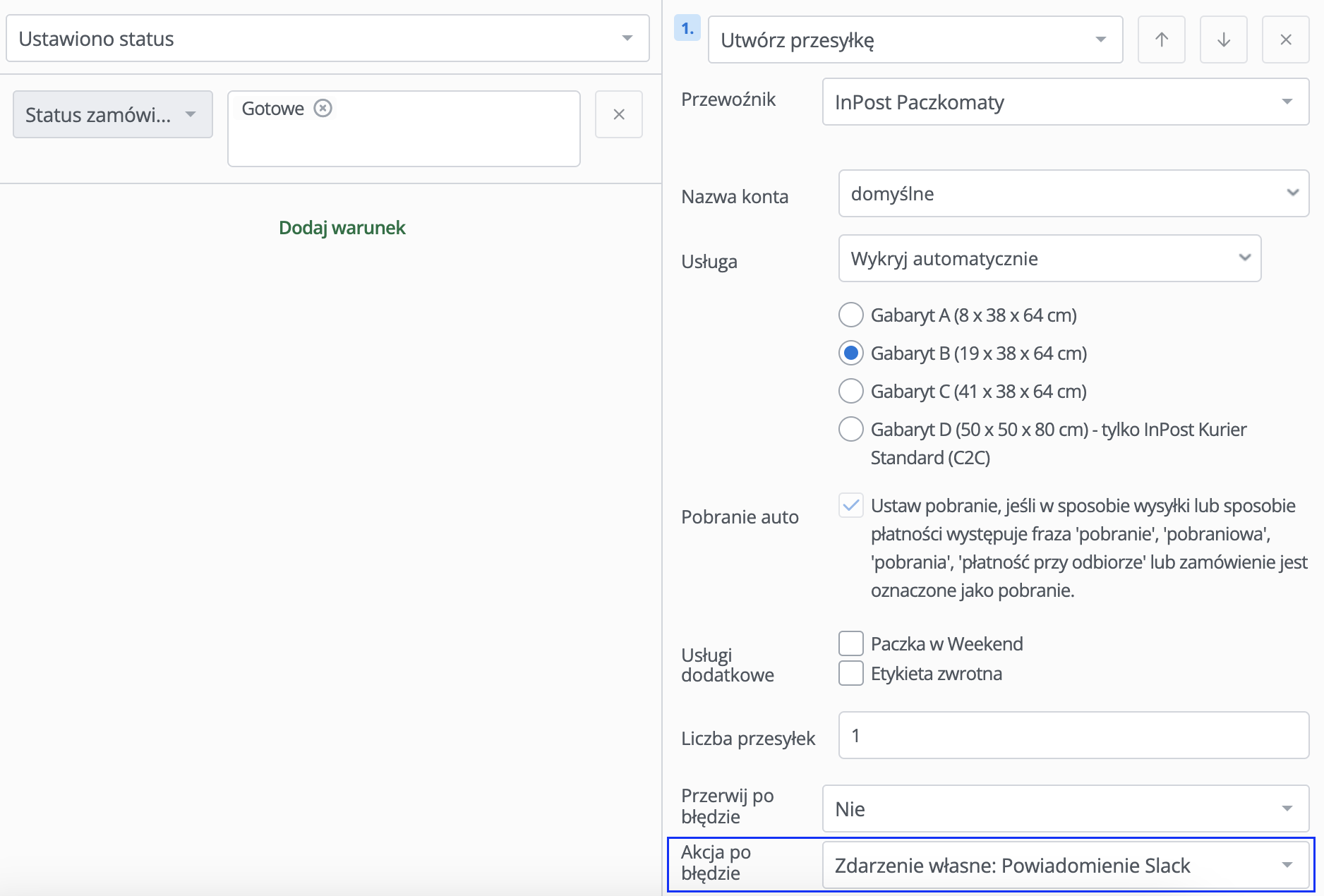 BaseLinker zdarzenie własne powiadomienie Slack