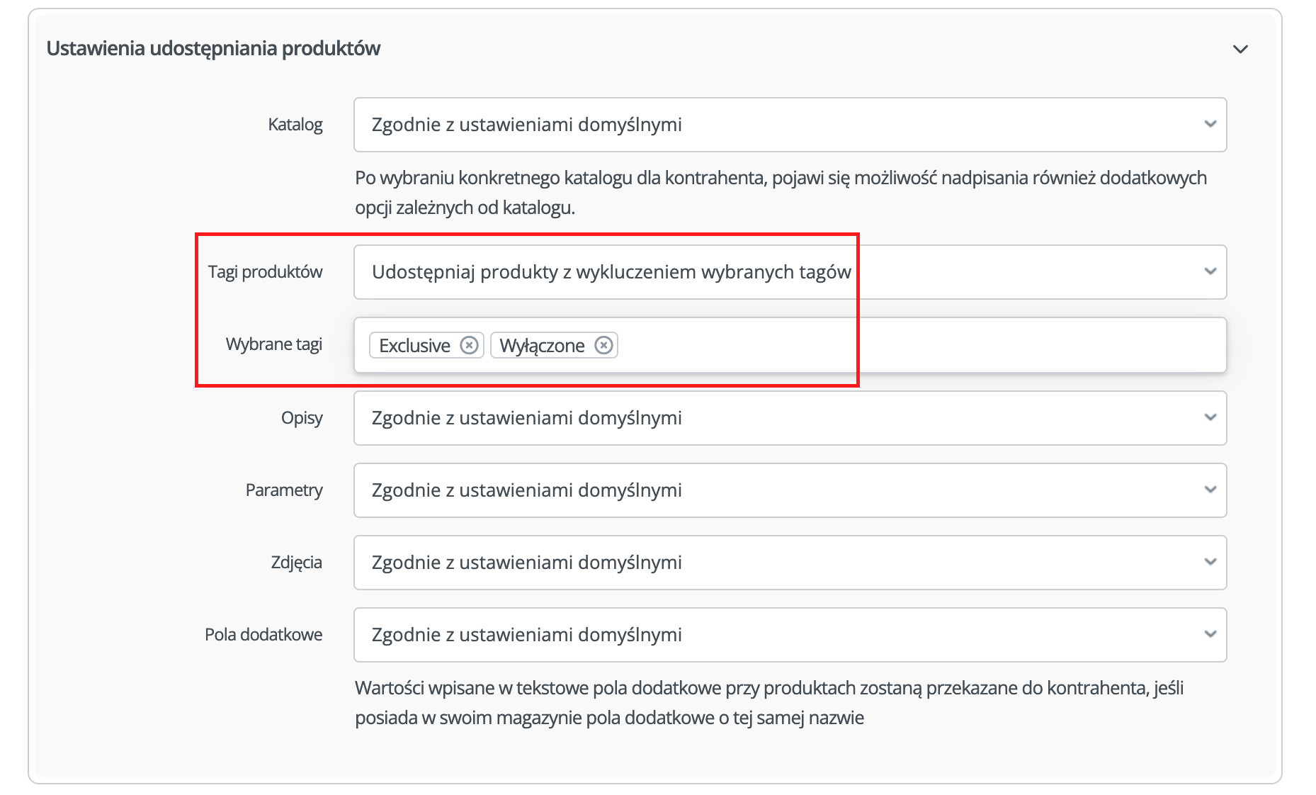 Ustawienia kontrahenta B2B Connect - produkty z określonymi tagami wyłączone z udostępniania