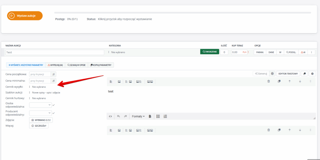 Uzupełnianie cennika wysyłki - formularz. 