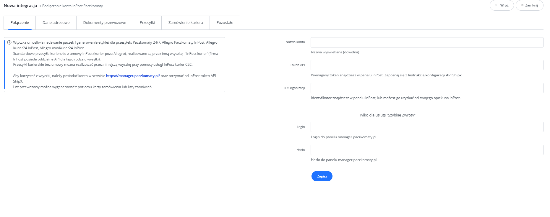 Formularz konfiguracji danych nadawcy i formatu etykiety