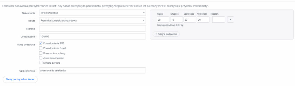 Formularz nadawania paczki z karty zamówienia
