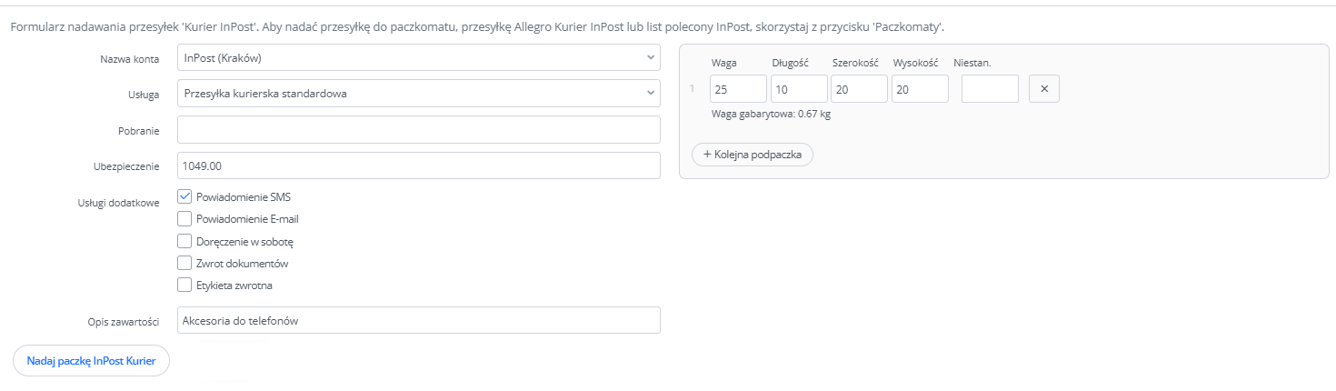 Formularz nadawania paczki z karty zamówienia