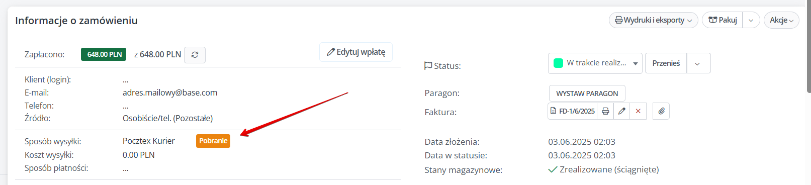 Karta zamówienia z zaznaczoną opcją Pobranie
