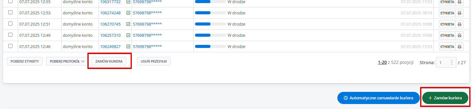 Widok okna dodawania nowej integracji kurierskiej z listą przewoźników