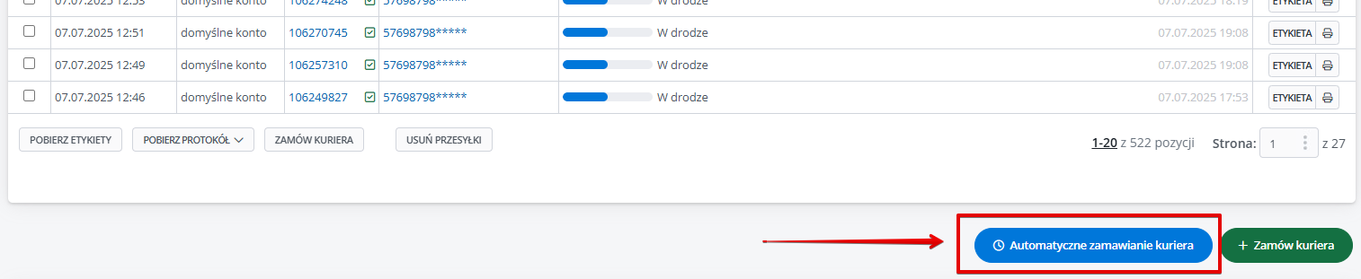 Przycisk automatycznego zamawiania kuriera