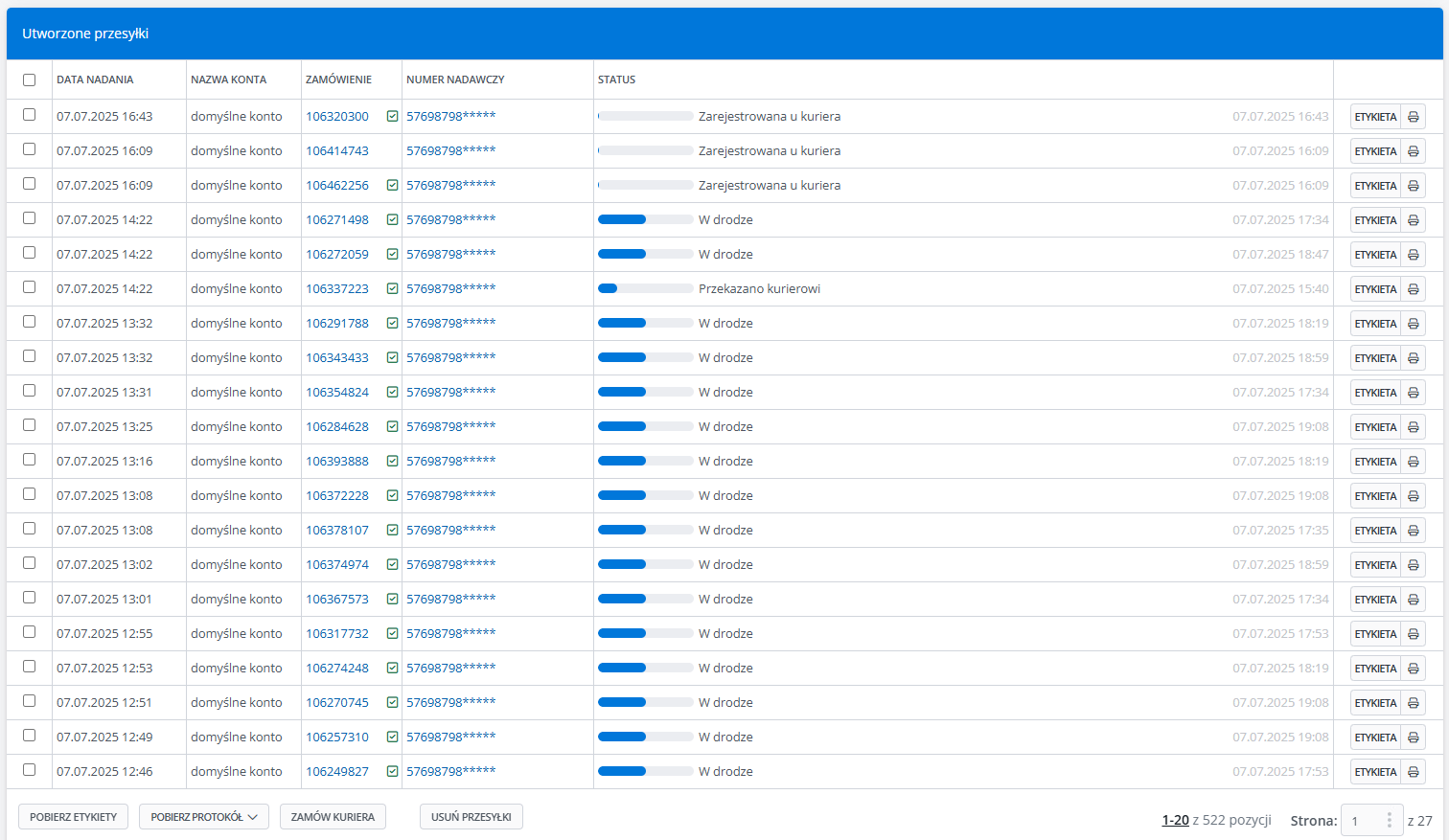 Lista utworzonych przesyłek w ustawieniach integracji kurierskiej