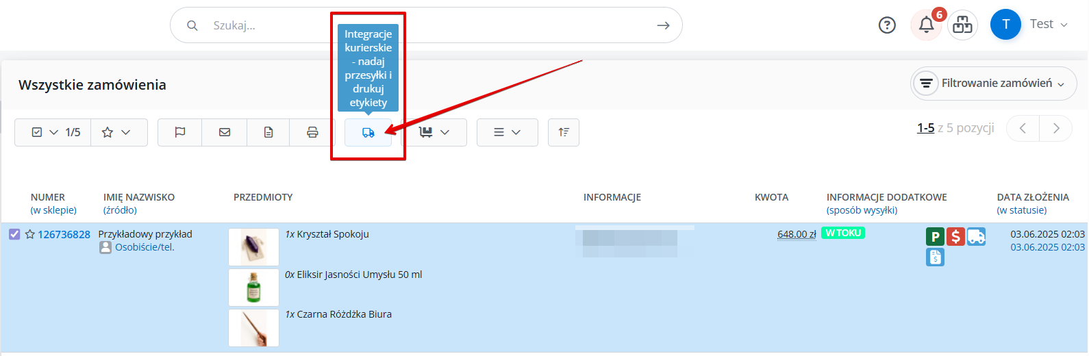 Tworzenie przesyłek z poziomu listy zamówień