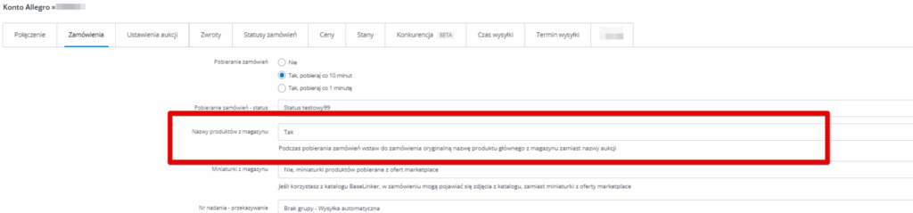 Ustawienie pobierania nazwy z magazynu do zamówień.