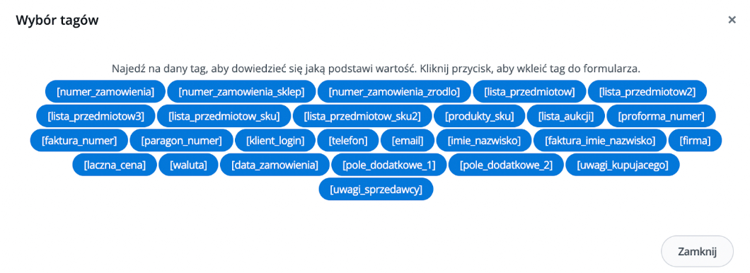 Okno wyboru tagów dynamicznych i zmiennych systemowych do konfiguracji danych zamówienia, klienta i faktury w formularzu