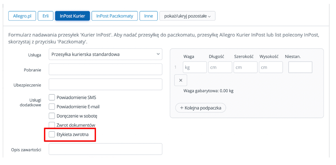 Formularz nadawania przesyłki InPost Kurier z wyróżnioną opcją Etykieta zwrotna w sekcji usług dodatkowych.
