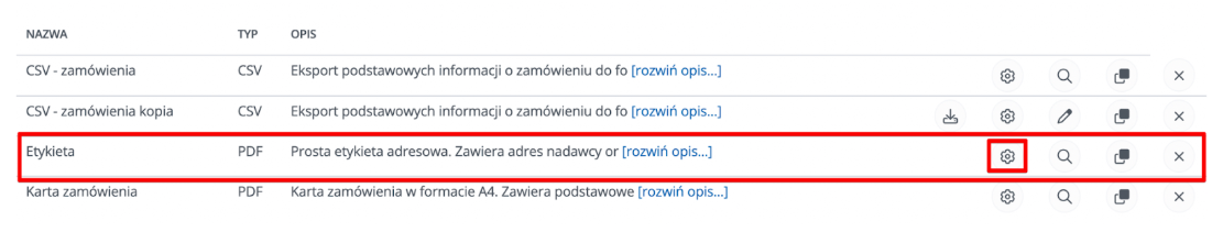 Lista szablonów eksportu danych z wyróżnionym przyciskiem konfiguracji dla etykiety adresowej PDF.