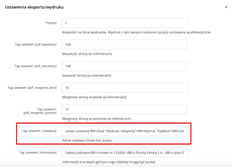 Okno ustawień eksportu i wydruku z wyróżnionym polem do konfiguracji adresu nadawcy oraz parametrami wymiarów strony PDF.