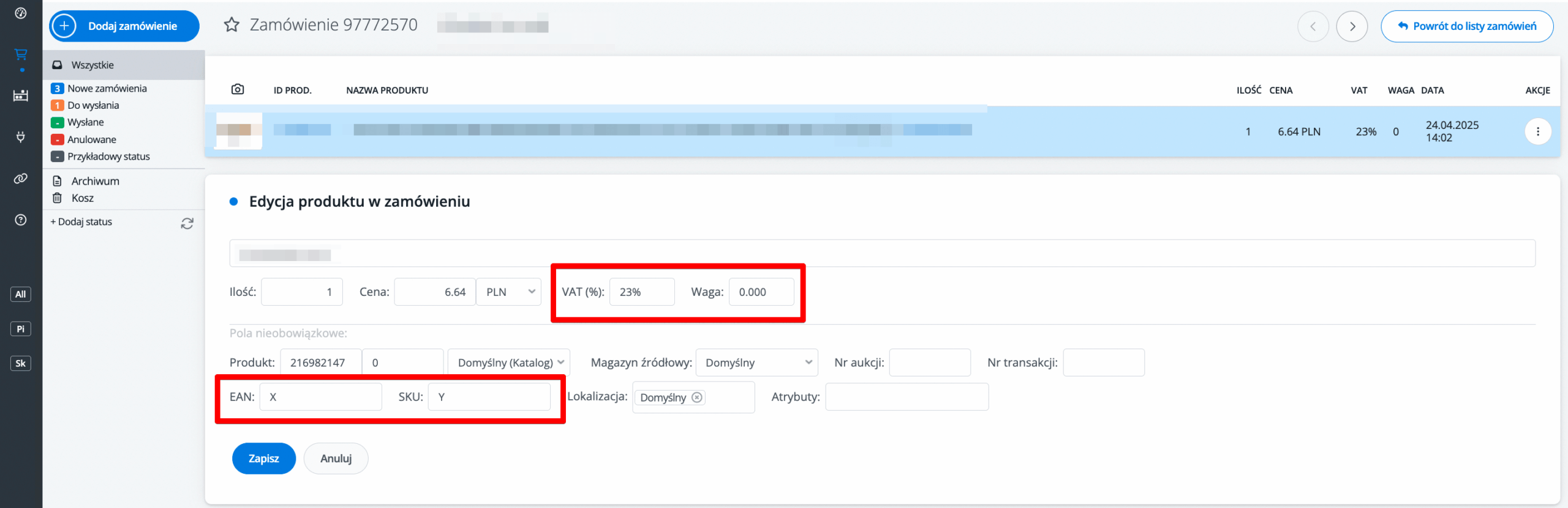 Dane zamówień takie jak SKU, EAN w zamówieniach w Base.