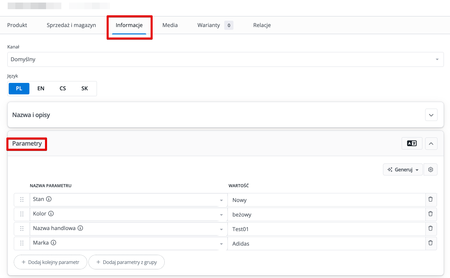 Parametry produktów w katalogu Base