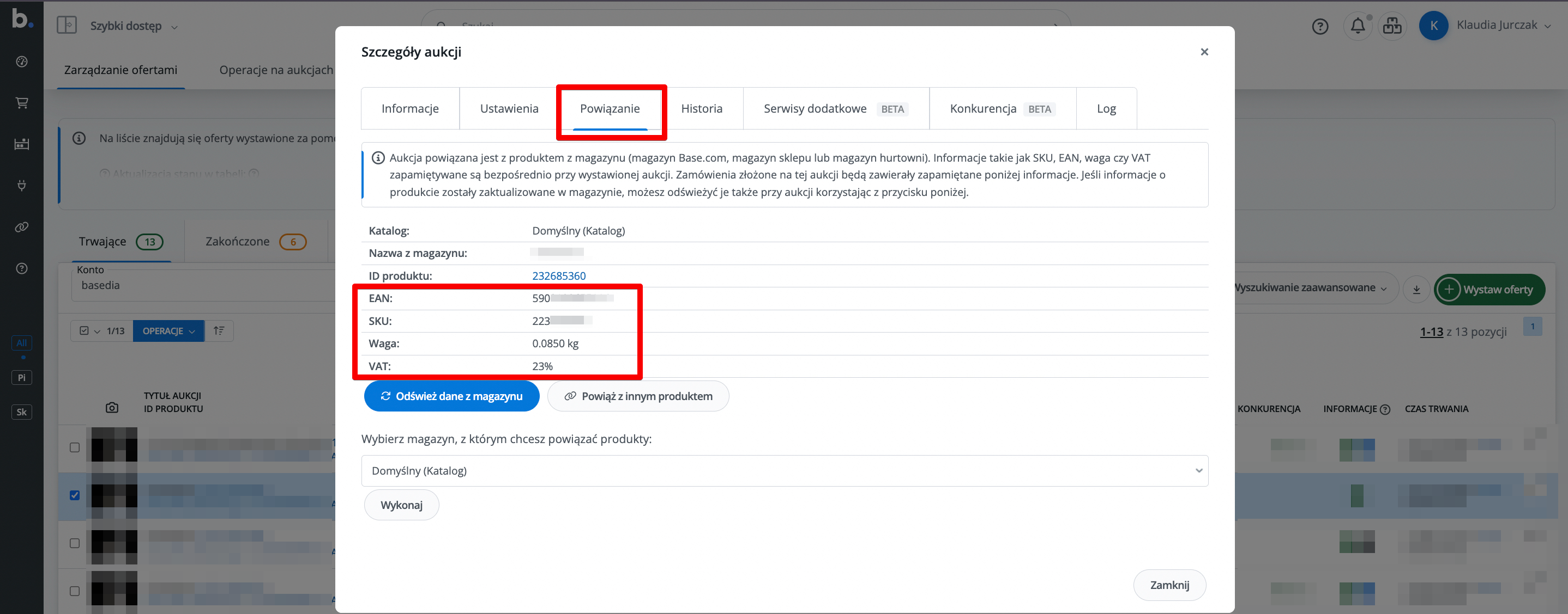 Dane produktu w powiązaniach aukcji Allegro w Base.
