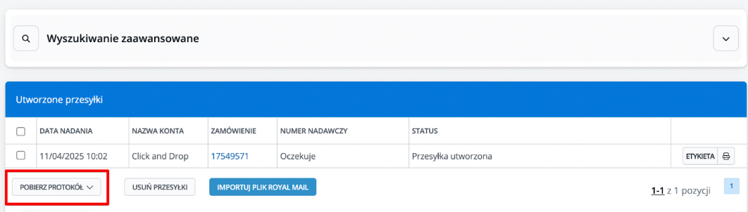 Pobieranie protokołu z listą przesyłek Click&Drop