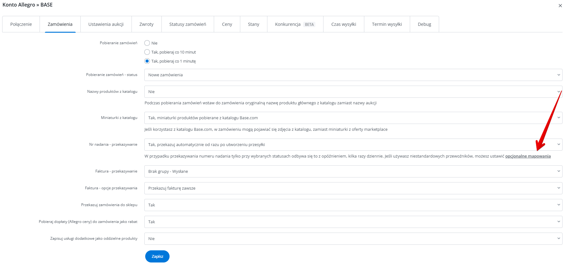 Opcjonalne mapowanie kurierów Allegro.