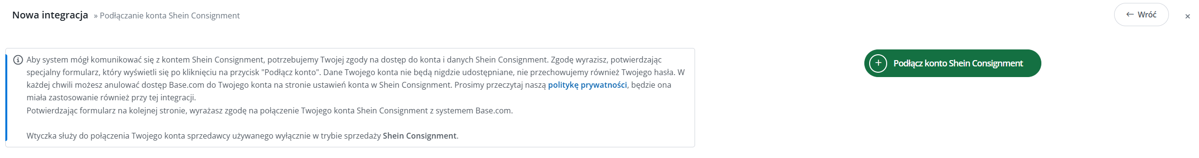Podłączanie konta Shein Consignment