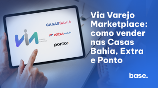 tela com logo da via varejo e suas bandeiras ao lado do título: Via Varejo Marketplace: como vender nas Casas Bahia, Extra e Ponto